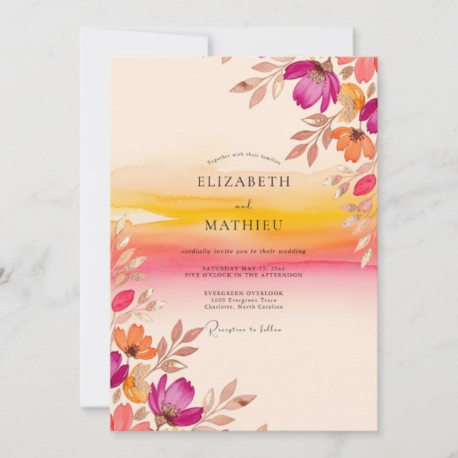 Convite Magenta Vibrant Sunset Wedding (Frente)