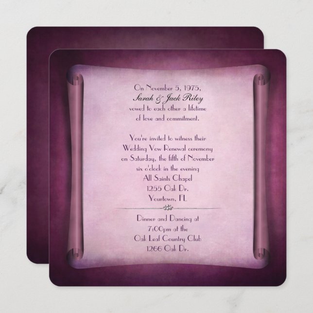 Convite Magenta Wedding Vow Renewal Scroll (Frente/Verso)