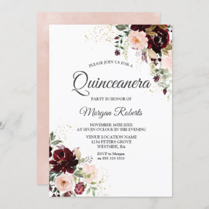 Convite Magia Borgonha Blush Red Wine Floral Quinceanera