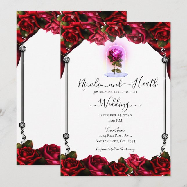 Convite Magia Brilho Rosa Vermelha Prata Casamento Branco (Frente/Verso)