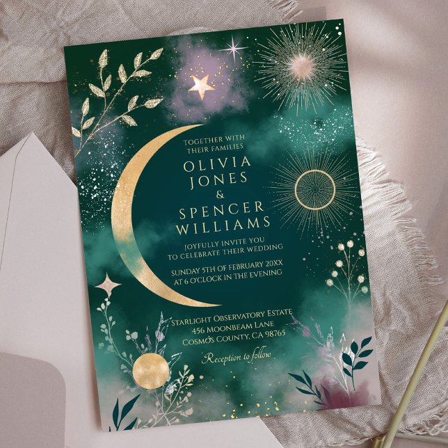 Convite Magia Celestial Lua e Estrelas Casamento Esmeralda (Criador carregado)