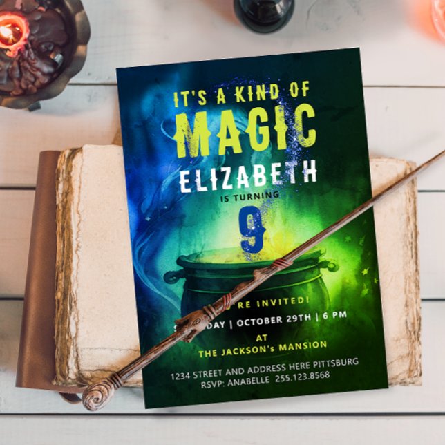 Convite Magic Cauldron Green Blue Witch Wizard Spell Bday (Criador carregado)