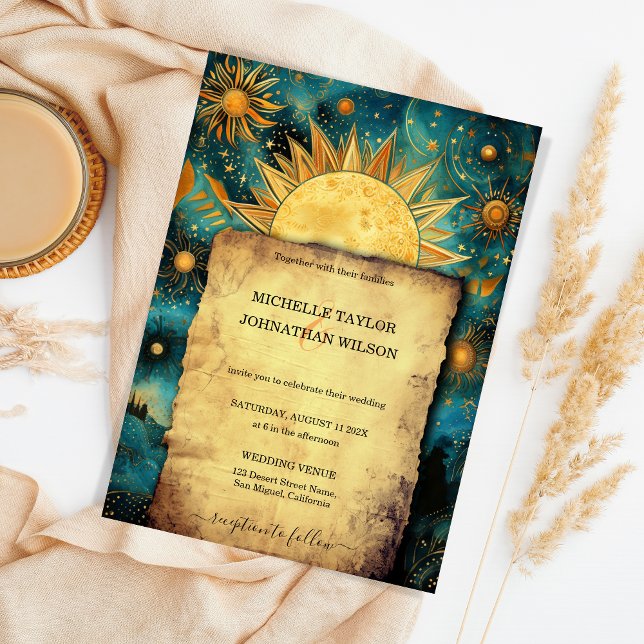 Convite Magic Celestial Astro Cosmic Douradas Stars Lua (celestial astro cosmic wedding invitation)