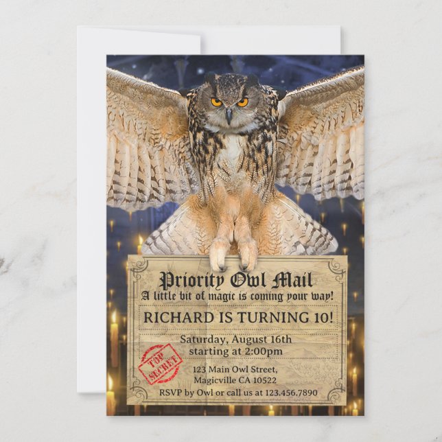 Convite Magic Owl Mail Letter for a Wizard Birthday (Frente)