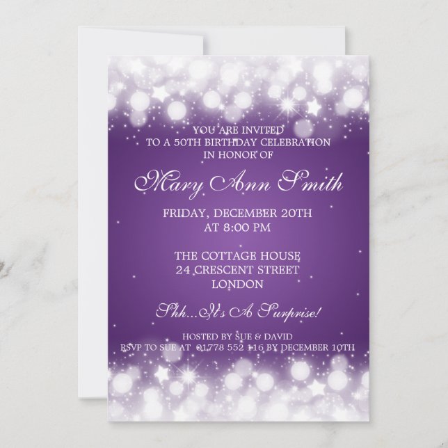 Convite Magic Sparkle Roxo Elegante da 50ª Festa de aniver (Frente)