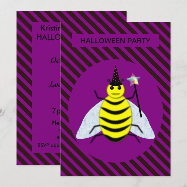 Convite Mágica de Abelhas do Halloween Roxo e Greve Negra (Frente/Verso)