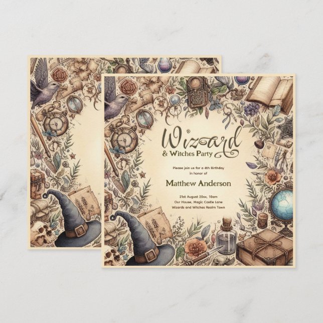 Convite Mágica Vintage do Partido das Bruxas (Frente/Verso)