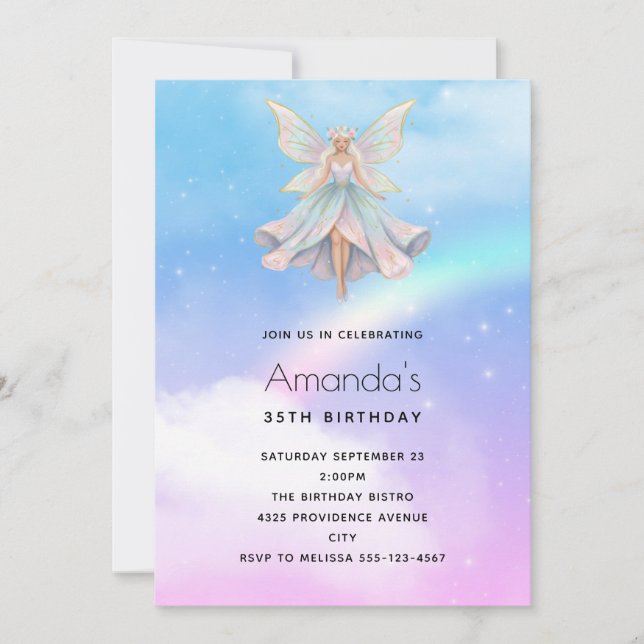 Convite Magical Angel Fairy Pastel Colors Birthday (Frente)