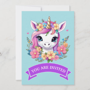 Convite Magical Baby Unicorn with Flowers
