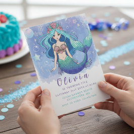 Convite Magical Blue & Purple Mermaid Birthday Party 