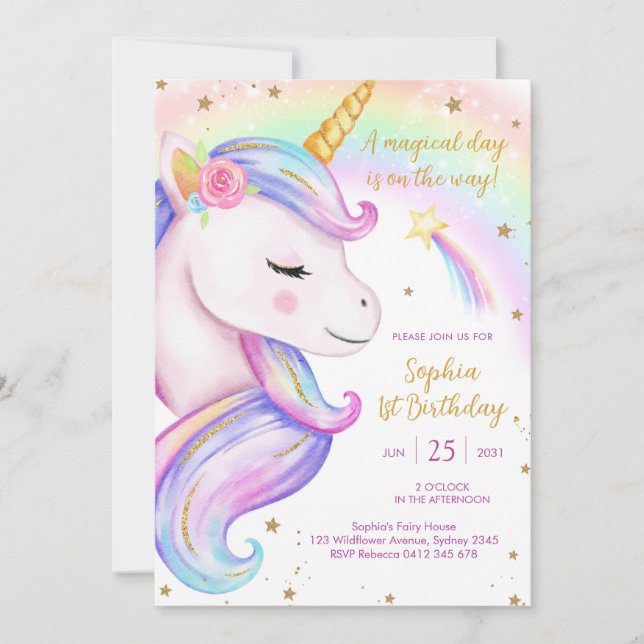 Convite Magical Day Unicorn and Rainbows Birthday (Frente)