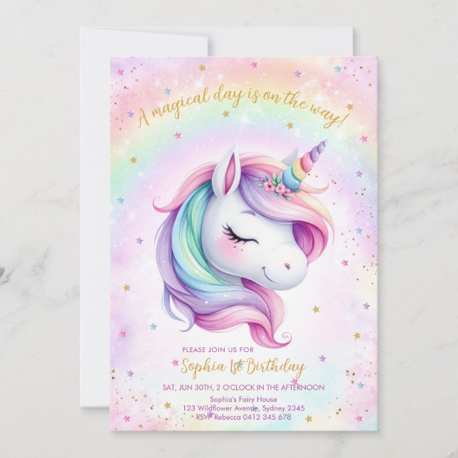 Convite Magical Day Unicorn and Rainbows Birthday (Frente)