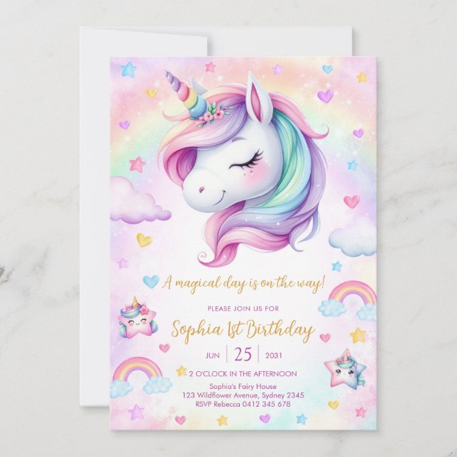 Convite Magical Day Unicorn and Rainbows Birthday (Frente)