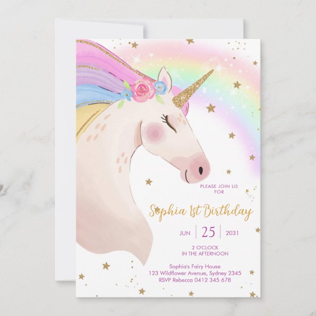 Convite Magical Day Unicorn and Rainbows Birthday (Frente)