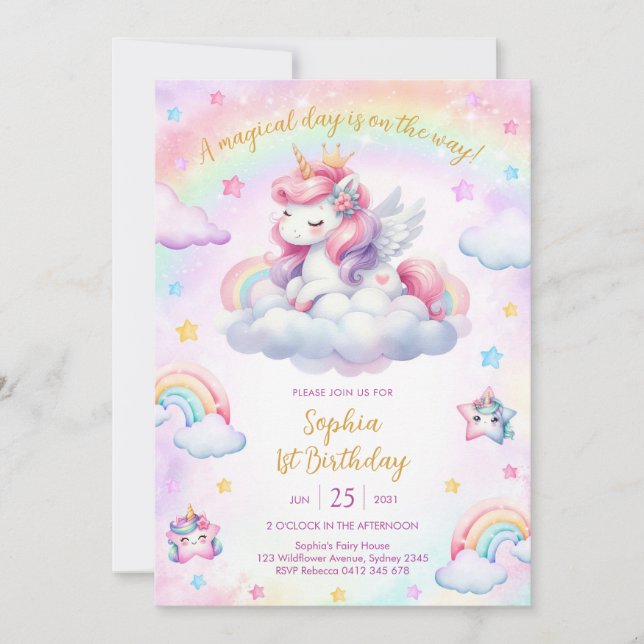 Convite Magical Day Unicorn and Rainbows Birthday (Frente)