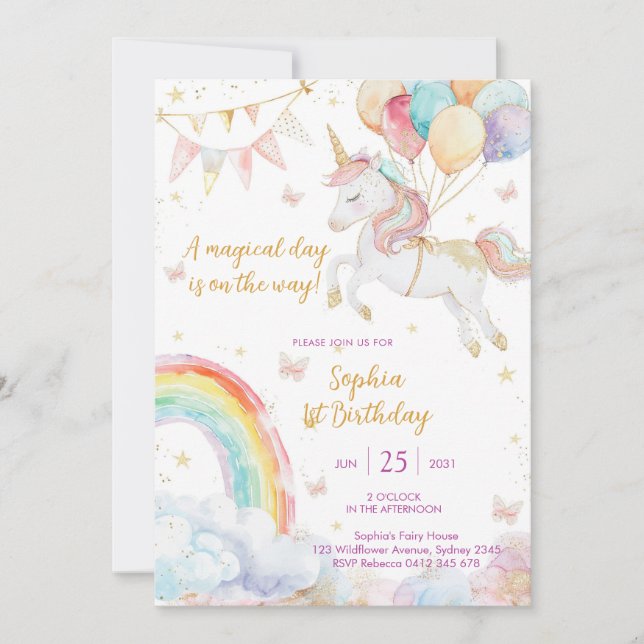 Convite Magical Day Unicorn and Rainbows Birthday Invitati (Frente)