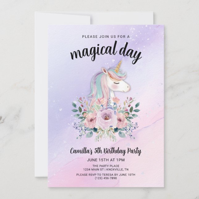Convite Magical Day Unicorns and Flowers Birthday Party (Frente)