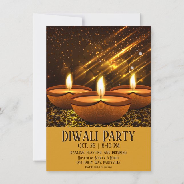 Convite Magical Diwali Diyas com Sparkles (Frente)
