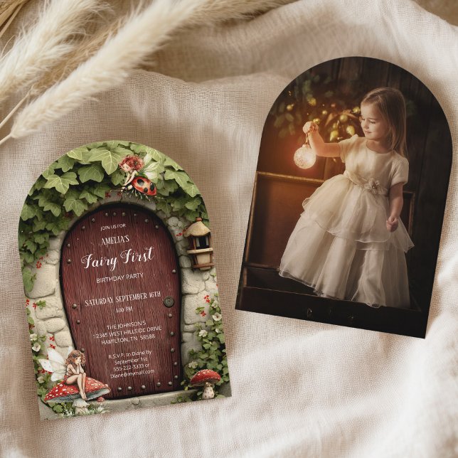 Convite Magical Fairy First Birthday Photo Birthday (Magical Fairy First Birthday Photo Birthday Invitation Front and Back with Custom Photo)