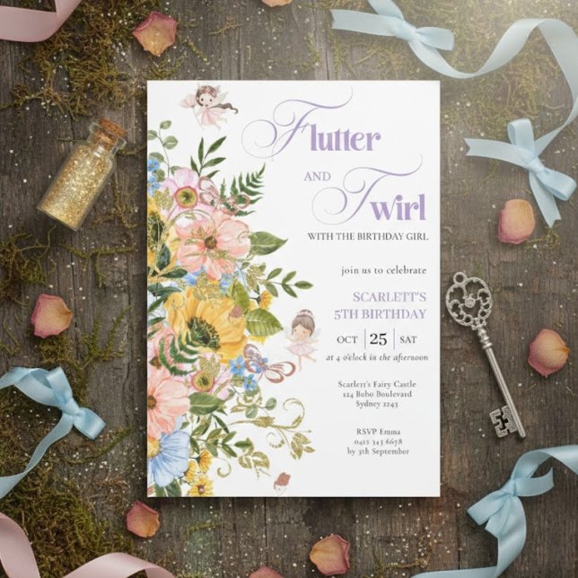 Convite Magical Fairy Floral Garden Pixie Girls Birthday  (Criador carregado)