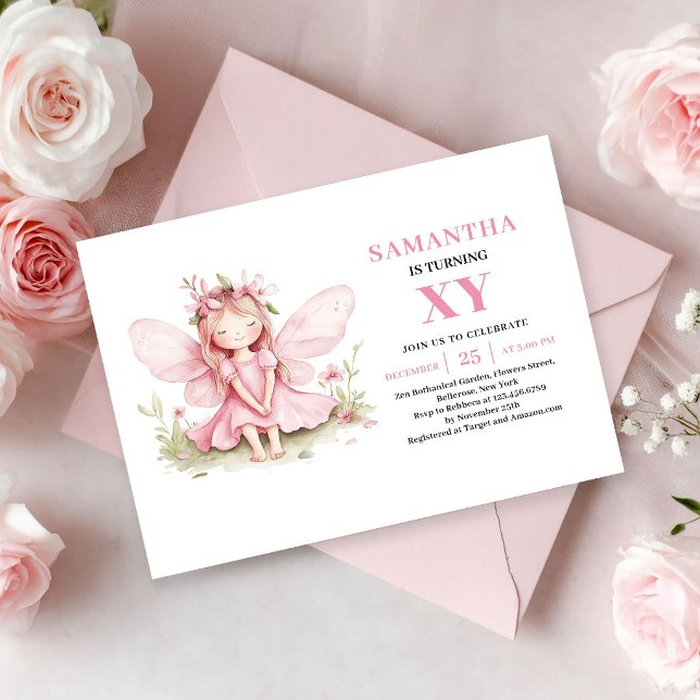 Convite Magical Fairy Girl 7th Birthday Pink Floral invite (Magical Fairy Girl 7th Birthday Pink Floral invitation)