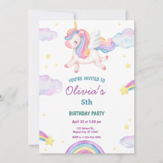 Convite Magical Fairytale Unicorn Rainbow Clouds