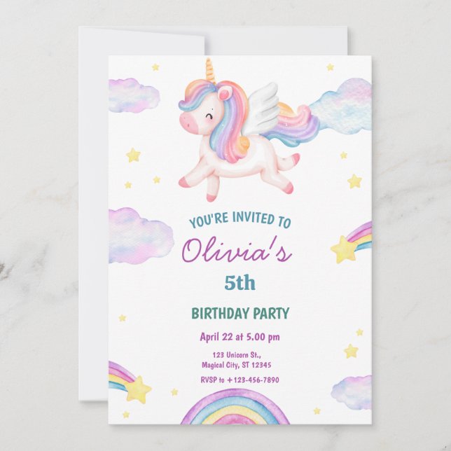 Convite Magical Fairytale Unicorn Rainbow Clouds (Frente)