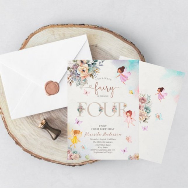 Convite Magical Floral Fairy Princess is turning four  wat (Criador carregado)