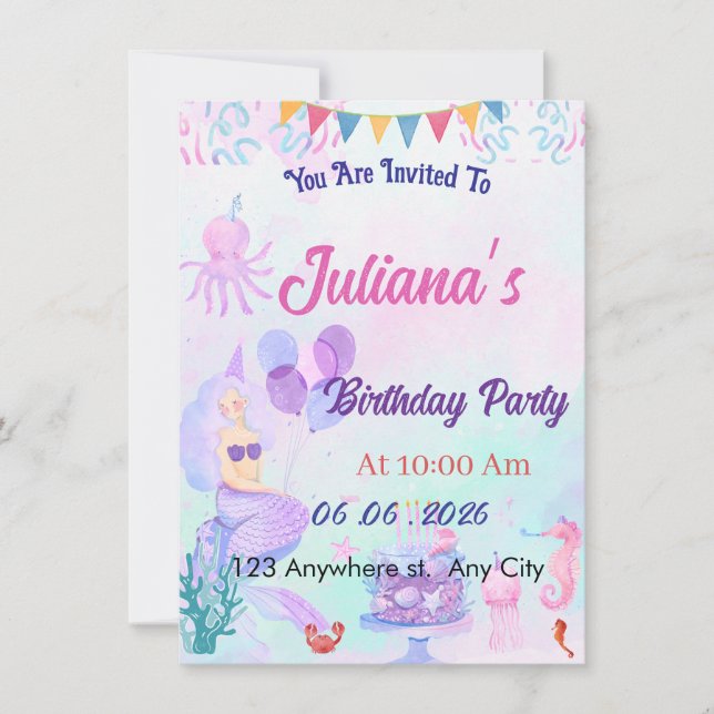 Convite Magical  Mermaid Birthday Invitation Card (Frente)