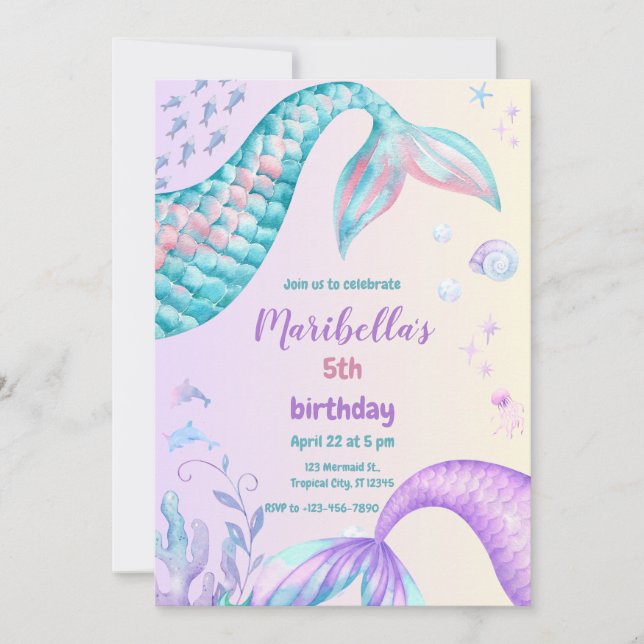 Convite Magical Mermaid Tail Under The Sea Birthday Party (Frente)