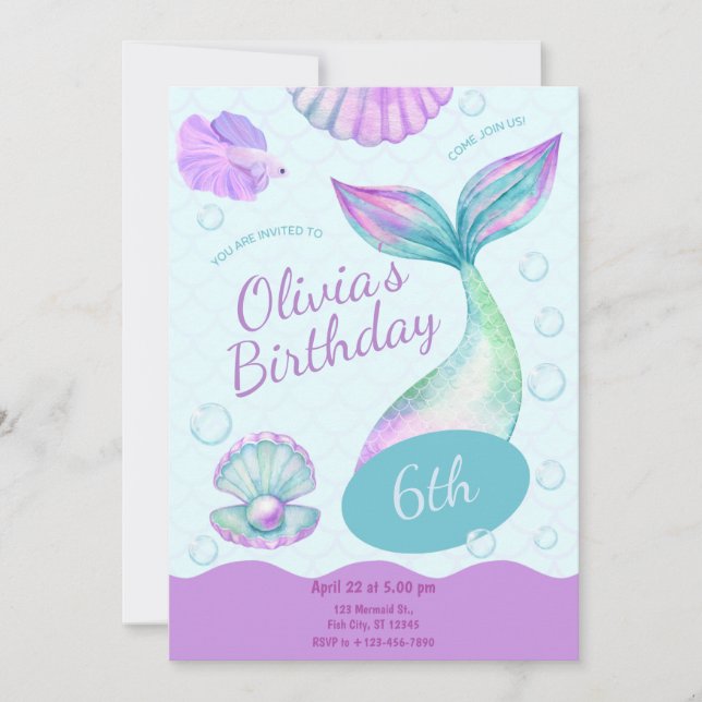 Convite Magical Mermaid Under The Sea Birthday Party (Frente)