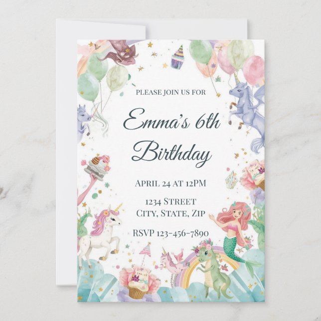Convite Magical Mermaids Unicorns Rainbows Kids Birthday (Frente)