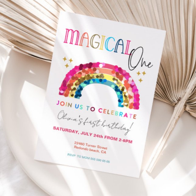 Convite Magical One color Rainbow primeiro aniversario (magical one rainbow birthday invitation, 1st birthday, girl glitter rainbow invite)
