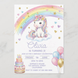 Convite Magical Pastel Rainbow Unicorn Girly Birthday