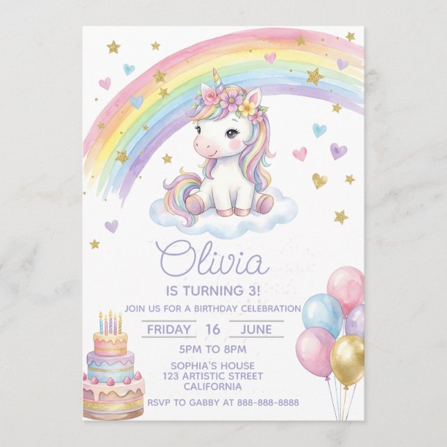 Convite Magical Pastel Rainbow Unicorn Girly Birthday (Frente)