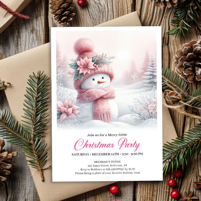 Convite Magical Pink Snowman Editable Kids Christmas Party (Magical Pink Snowman Editable Kids Christmas Party Invite)