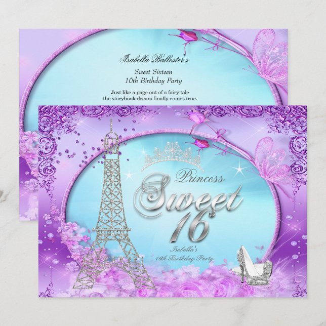 Convite Magical Princess Sweet 16 Purple Teal Blue (Frente/Verso)