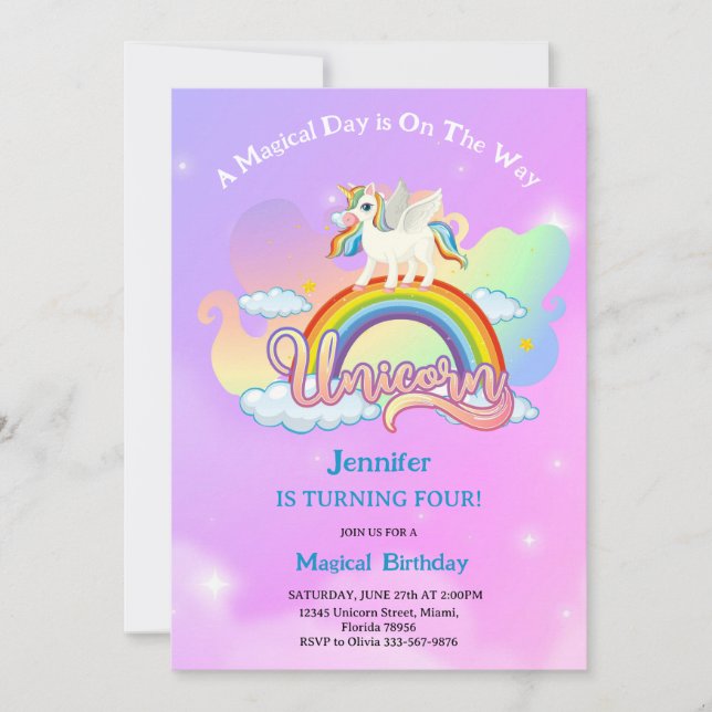 Convite Magical Rainbow and Unicorn Birthday pink purple (Frente)