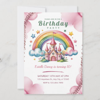 Convite Magical Rainbow Castle 10th Birthday Invitation