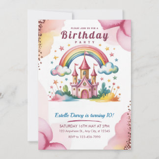 Convite Magical Rainbow Castle 10th Birthday Invitation