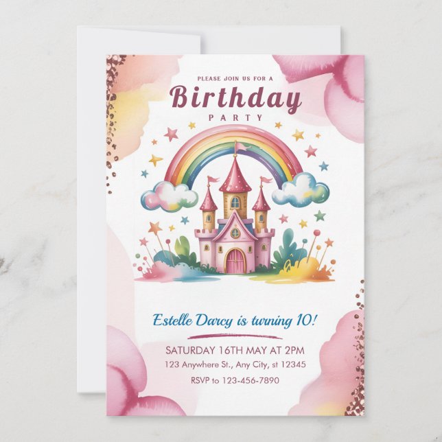 Convite Magical Rainbow Castle 10th Birthday Invitation (Frente)
