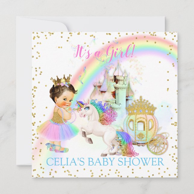 Convite Magical Rainbow Princess Castle Carruagem Unicorn (Frente)