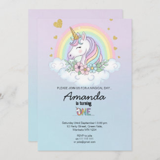 Convite Magical Rainbow Unicorn 1st Birthday Invitation