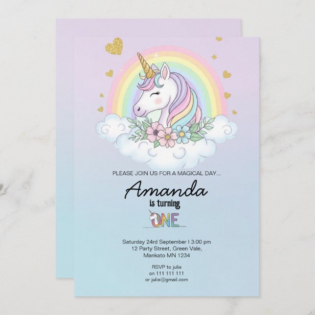 Convite Magical Rainbow Unicorn 1st Birthday Invitation (Frente/Verso)
