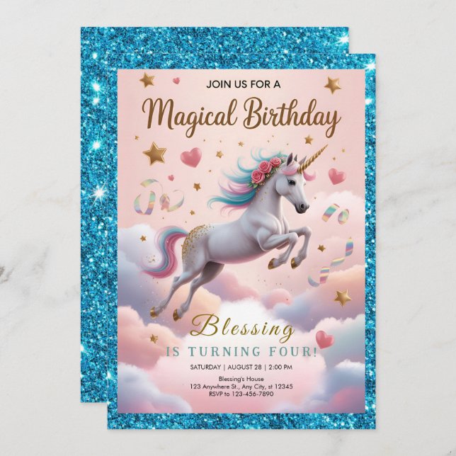 Convite Magical Rainbow Unicorn 4th Birthday (Frente/Verso)