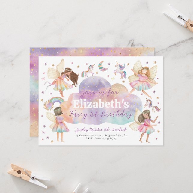 Convite Magical Rainbow Unicorn Fairy First Birthday (Frente/Verso In Situ)
