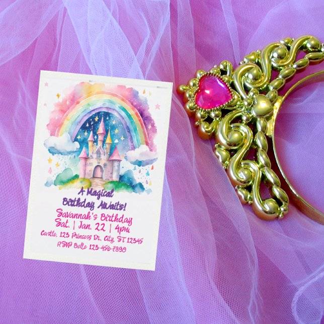 Convite Magical Rainbow Watercolor Fantasy Castle Birthday (Criador carregado)
