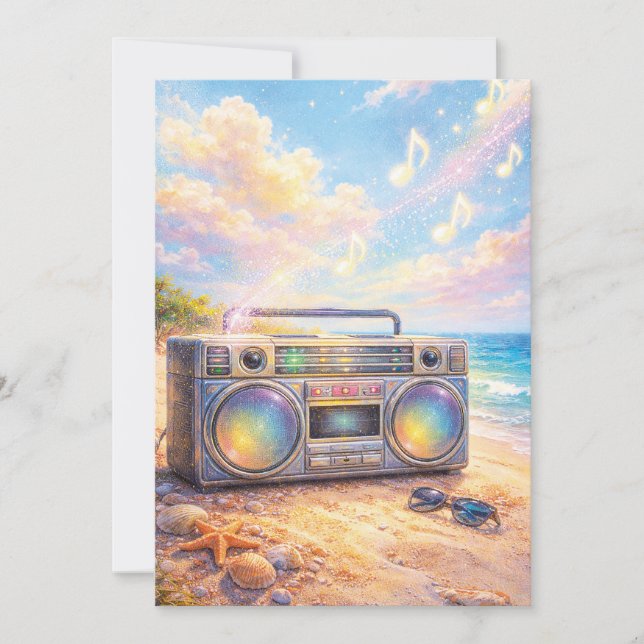 Convite Magical Retro Boombox Playing Music On Beach (Frente)