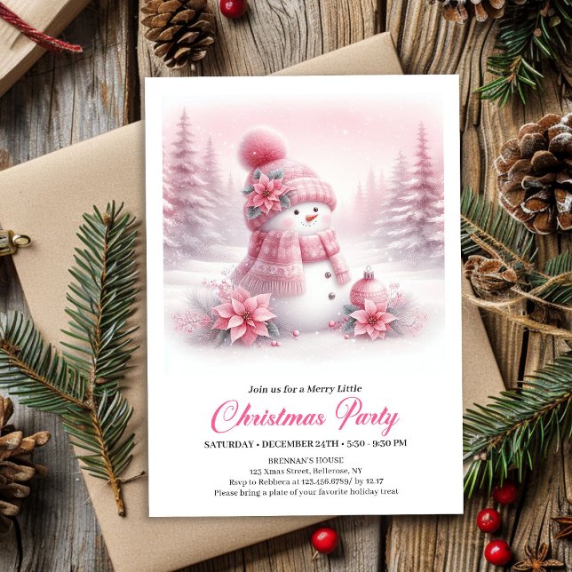 Convite Magical Snowy Pink Coquette Snowman Editable Kids  (Magical Snowy Pink Coquette Snowman Editable Kids Invite)