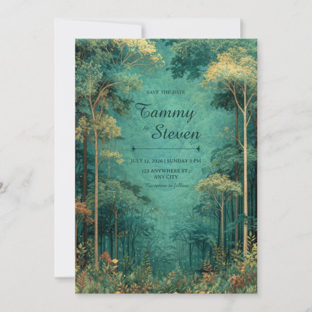 Convite Magical Teal Forest Firefly Wedding (Frente)